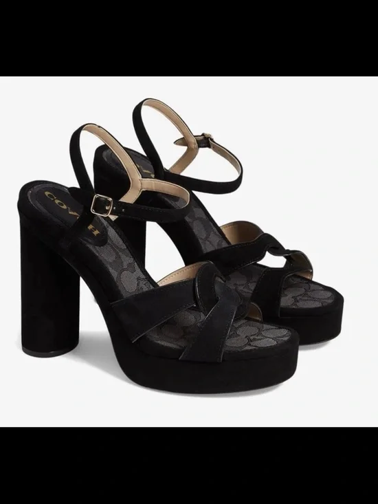 Coach Black Suede Platform Heels with Ankle Strap - Picture 9 of 9